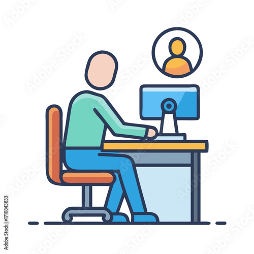 Remote work video conference call online meeting from home office computer desk and chair illustration