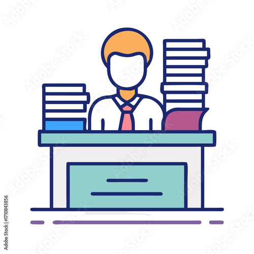 Busy office worker overloaded with paperwork and documents on desk vector illustration design concept