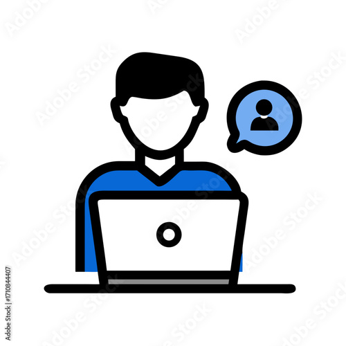 Online communication and support person using laptop for virtual assistant and customer service agent help