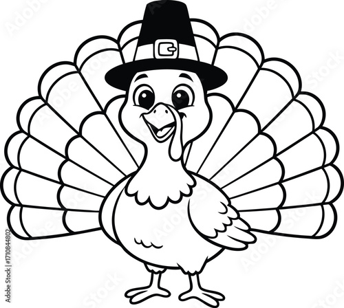 Cartoon Pilgrim Turkey Wearing a Hat with Feathers Spread Out Keywords: turkey, pilgrim