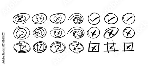 Hand-Drawn Checkmarks and Crosses in Various Shapes and Styles