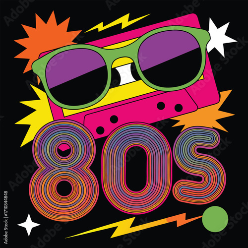 Retro cassette tape sunglasses and lightning bolt graphic