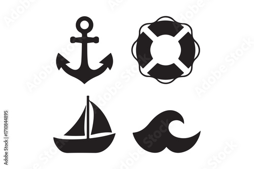 Nautical icons anchor sailboat lifebuoy and wave set