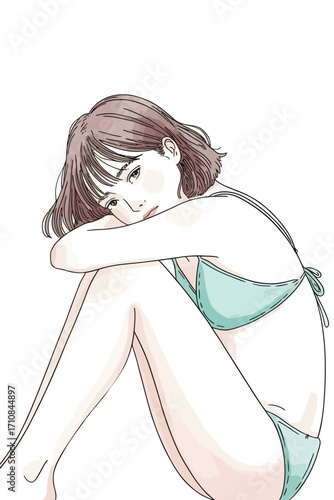 Pensive young woman in swimwear with head resting on knees, isolated on white background.