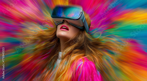 Girl in hi-tech VR glasses with elements of artificial intelligence. Background in a high-tech style. Shining lines and patterns resembling neural networks, connections, and digital circuits.	
