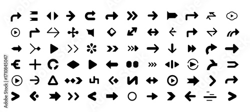 A comprehensive collection of black arrow icons and navigational symbols on a clean white background, suitable for user interfaces and graphic design.