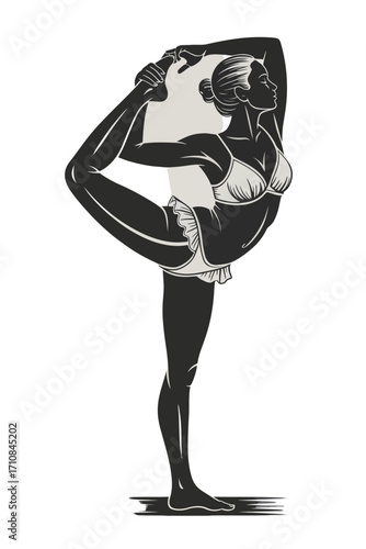Graceful woman in silhouette performing a challenging yoga pose with fluid motion