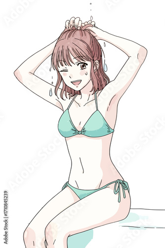 Joyful young woman in bikini splashing water and winking, summer fun at poolside