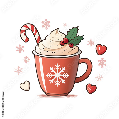Christmas Hot Cocoa Vector Illustration with Candy Cane, Whipped Cream, and Festive Mug