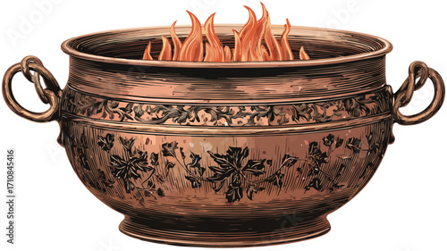 Vintage Copper Cauldron Pot Over Flames Isolated for Cooking and Witchcraft Scenes