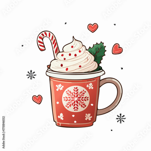 Christmas Hot Cocoa Vector Illustration with Candy Cane, Whipped Cream, and Festive Mug