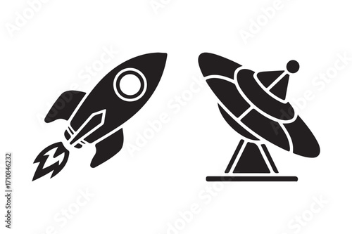Rocket and satellite dish icons for space exploration and communication