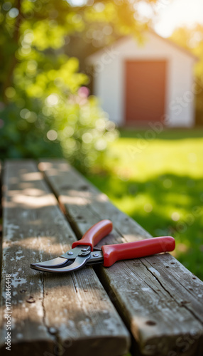 Gardening shears resting on wooden table in sunny backyard  