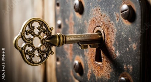 Close up of antique key inserted into old rusty keyhole. Antique key provides opening to lock and aged metal door. Concept antique key for vintage decoration, home security and secret room access,