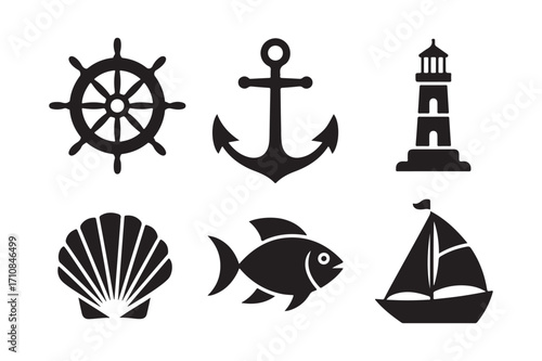 Nautical icons collection featuring ship wheel anchor lighthouse seashell fish and sailboat