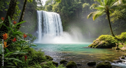 Majestic waterfall view with vibrant tropical plants and rocky stream. Waterfall cascading into pristine waters creates tranquil scene.