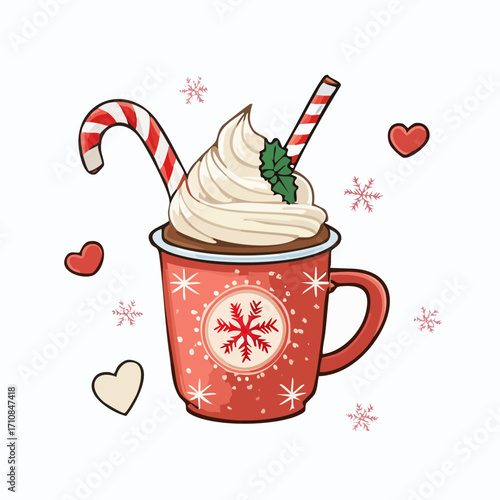 Christmas Hot Cocoa Vector Illustration with Candy Cane, Whipped Cream, and Festive Mug