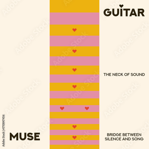 Guitar Fretboard Vector Illustration. Music background. Guitar neck. Heart symbol.