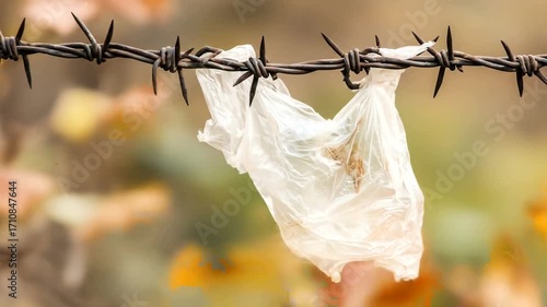 A plastic bag hangs limply from a rusted barbed wire fence, highlighting environmental pollution.