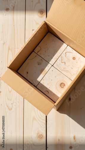 Open cardboard box with wooden blocks inside on wooden surface  