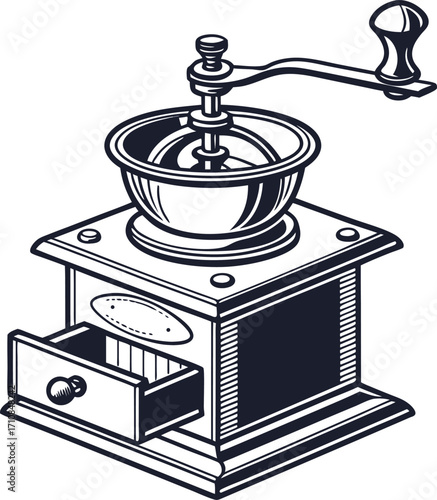 Old fashioned hand coffee grinder silhouette isolated on white background