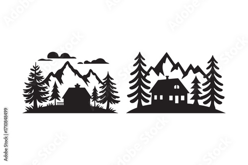 Rustic mountain cabin silhouettes with pine trees and clouds