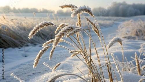Winter Frost on Cereal Plants with Soft Sunlight and Snowy Background
