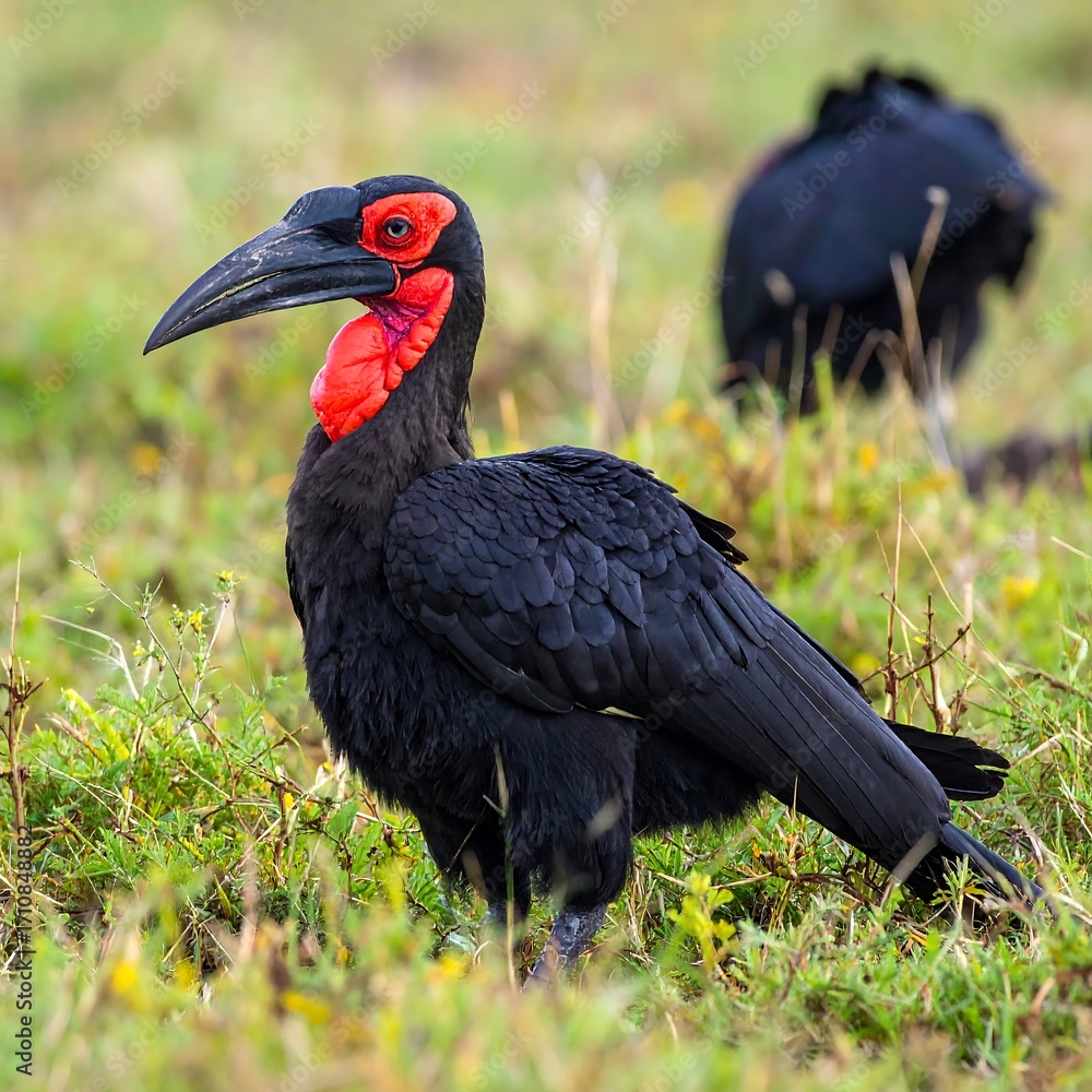 Naklejka premium A striking black bird with a vibrant red casque stands amidst green vegetation.