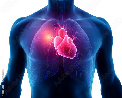 realistic photograph of the human body with visible heart and thymus, on a transparent background