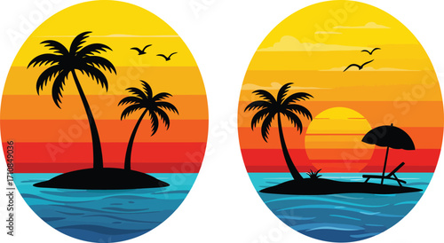 Tropical paradise islands with palm trees and sunset vector illustrations