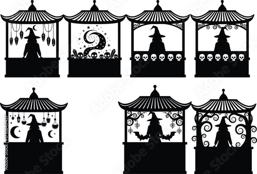 Halloween witch market booth silhouette with spooky decorations, magical elements, skulls, bats, potions, stars, fantasy fair, vector illustration
