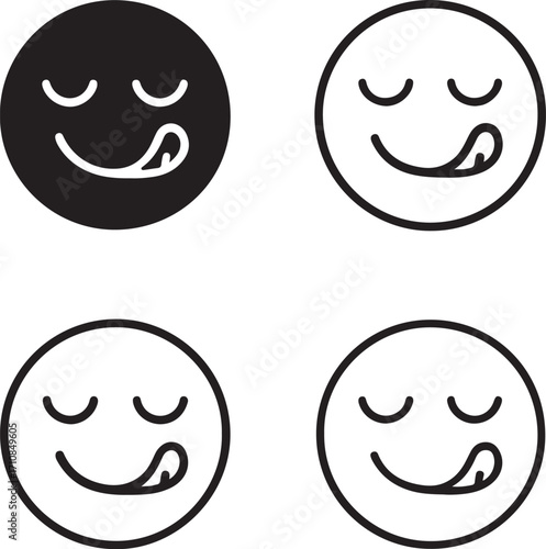 Yummy face icons set, four delicious smile emoji icons, black silhouette, outline, filled, thin stroke, minimal line style, editable vector, isolated design, food and fun expression symbols
