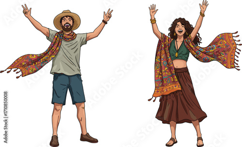 Happy bohemian man and woman celebrating together, colorful scarf outfit, festival style, summer lifestyle illustration, joyful couple cartoon vector
