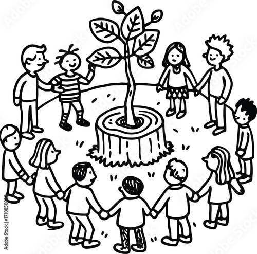 Children holding hands in a circle around a water feature