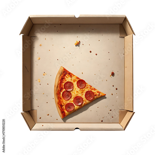 Last slice of pepperoni pizza in box isolated on transparent background