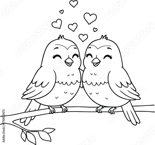 Two happy cartoon birds perched on a branch with hearts Keywords: birds, cartoon, cute, happy