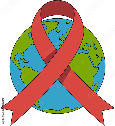 A red ribbon symbolizing awareness is draped over a stylized globe, representing a global effort against a disease.
