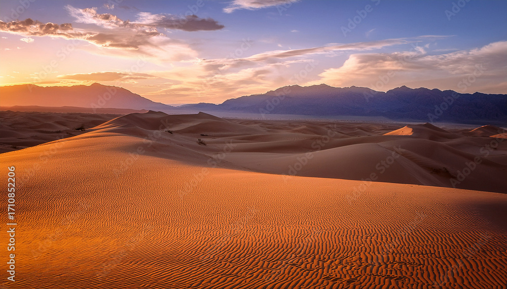 Naklejka premium Serene Desert Landscape With Rolling Sand Dunes Vibrant Sunset Sky And Distant Mountains Creating Tranquil Atmosphere