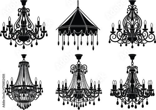 Luxury chandelier silhouette collection with crystal lamp design, elegant ceiling lighting, vintage style hanging lamps, interior decoration vector illustration