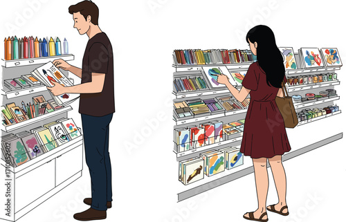 Man and woman shopping art supplies in store, buying sketchbooks, paints, pencils, creative stationery, cartoon vector illustration for design