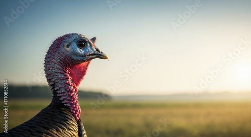 Fototapeta Naklejka Na Ścianę i Meble -  A close-up profile of a wild turkey in a rural farm setting. Male bird portrait during golden hour sunrise. Copy space