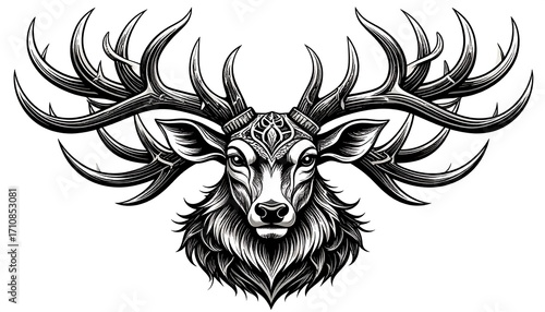 Intricate, detailed black and white illustration of a majestic deer head, showcasing elaborate antlers and intricate facial features.