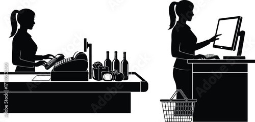 Silhouette cashier scanning groceries at checkout counter, supermarket shopping, woman paying at register, retail store, shopping basket, modern payment system illustration