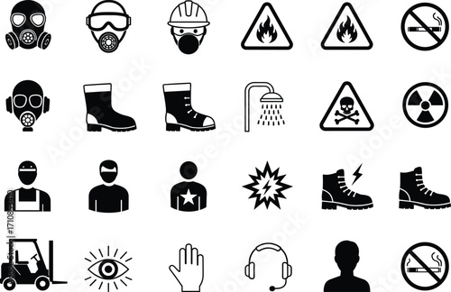 Safety equipment icons set, protective gear symbols, hazard warning signs, industrial safety illustration, work protection icons, construction health workplace safety