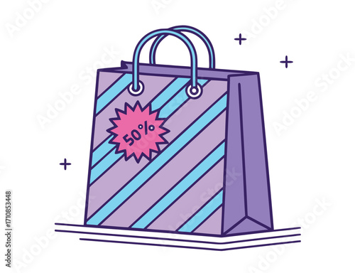 Purple striped shopping bag with fifty percent discount offer for customers