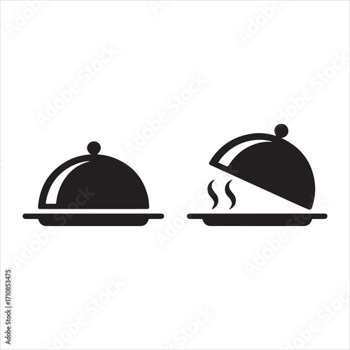 A silver restaurant cloche icon on a white background symbolizes a chef's dinner service on a covered platter