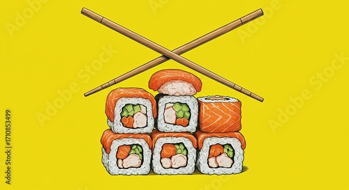 Wallpaper Mural Vibrant illustration of assorted sushi rolls, meticulously arranged, topped with a single nigiri, and framed by crossed chopsticks against a bold yellow background. Torontodigital.ca