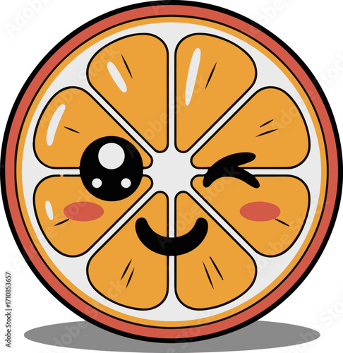 Vector art of a charming kawaii orange slice with a playful wink and a cheerful smile, , bringing a burst of citrusy joy to any creative endeavor