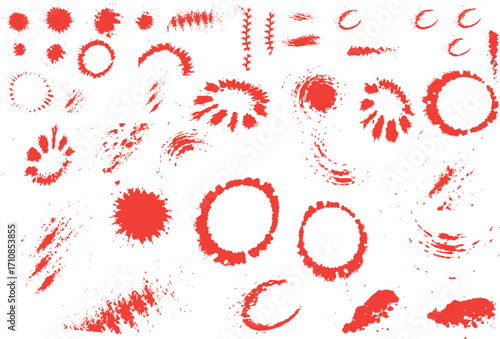 Blood splash Grunge bloody Diverse Set collection. Red Blood Splatters and Drips for Horror and Thriller Designs. stains, drip drops, smears, and handprints for halloween, crime scene or horror themed