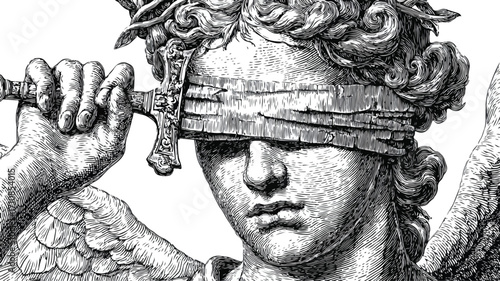 Blindfolded Angel with Broken Sword Symbolic Apocalyptic Illustration
